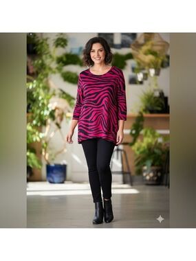 CHICO’S ZENERGY French Terry Fuschia Black Zebra Print Tunic Top 3/4 Sleeve 16
